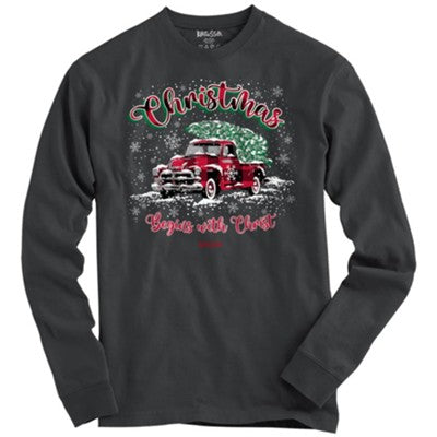 Christmas Begins with Christ Farmhouse Truck Long Sleeve T-Shirt Charcoal